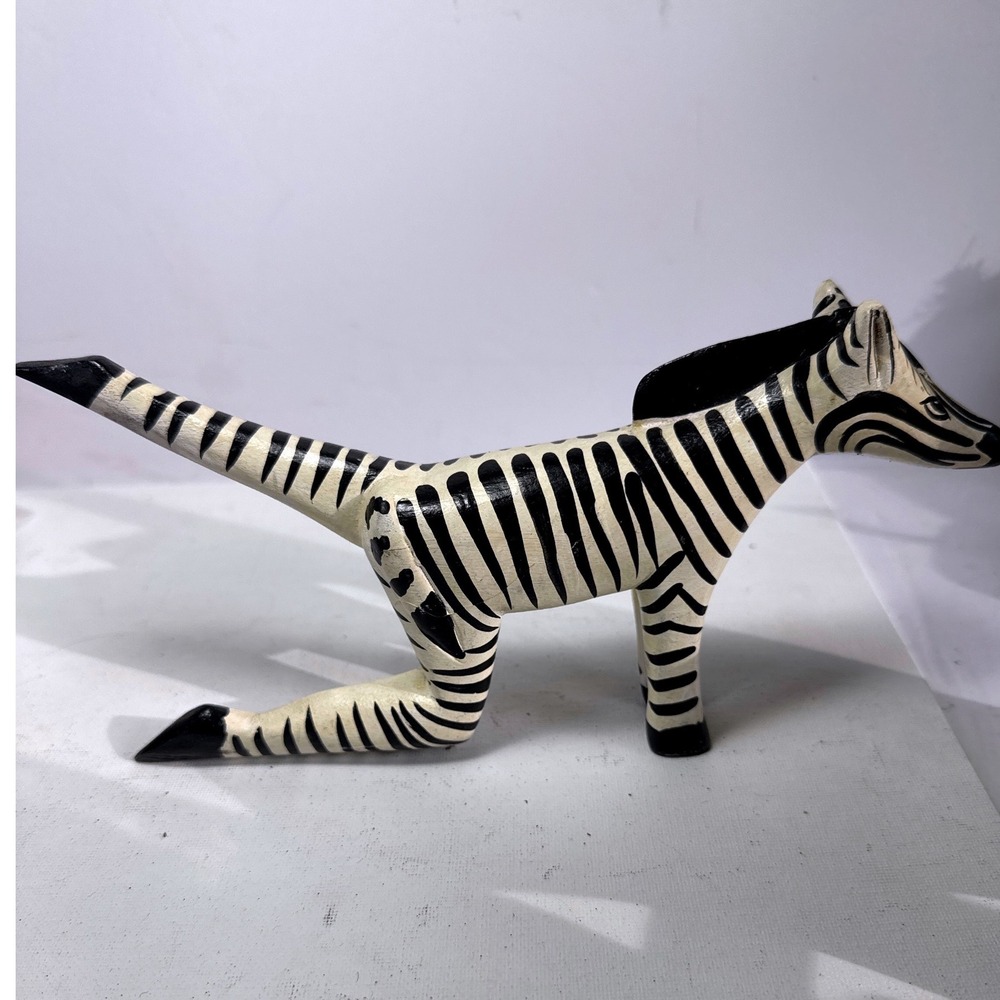 Vintage Hand Carved Wood Zebra Figurine Yoga Pose Striped Folk Art Sculpture8.5"